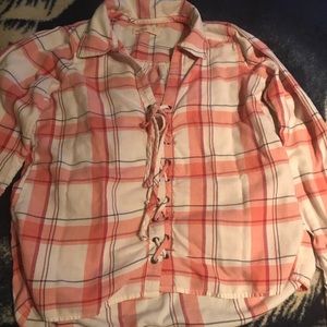 Pink and white lace up flannel